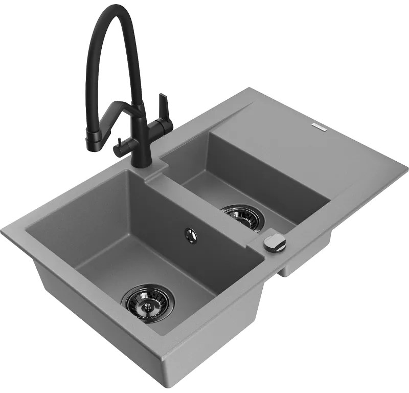 Mexen Gaspar 1,5 rekeszes mosogató csepptálcával és Duo konyhai csappal, szürke - 6507-71-671701-70-B