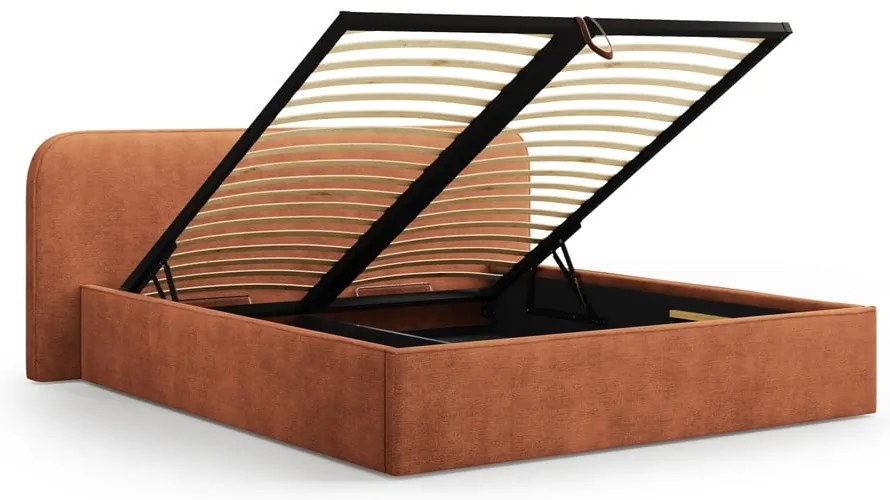 Téglavörös kárpitozott ágyneműtartós franciaágy ágyráccsal 140x200 cm Elizabeth – Micadoni