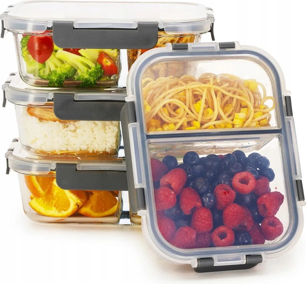 Lunchbox Üveg Ételtároló Szett 4DB-OS Kétrekeszes Légmentesen Záródó
