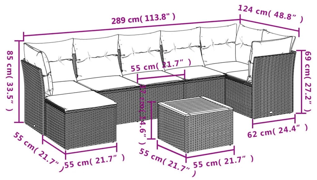 8 részes fekete polyrattan kerti ülőgarnitúra párnákkal