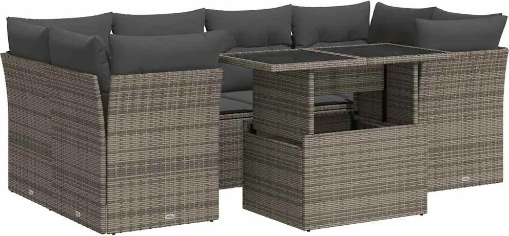 vidaXL 7 részes szürke polyrattan kerti ülőgarnitúra párnákkal