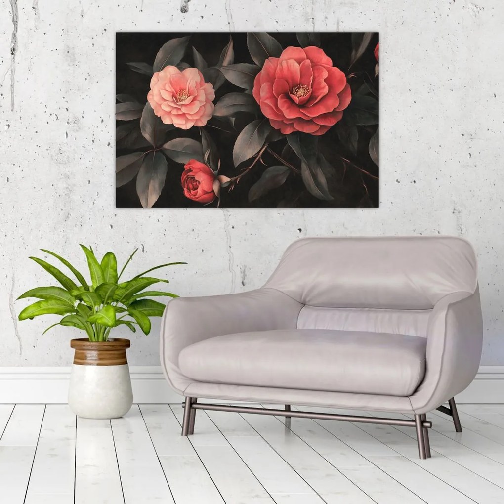 Kép - Vörös virágok sötét háttér előtt (90x60 cm)