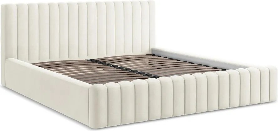 Krémszínű kárpitozott ágyneműtartós franciaágy ágyráccsal 160x200 cm Lemi – Makamii