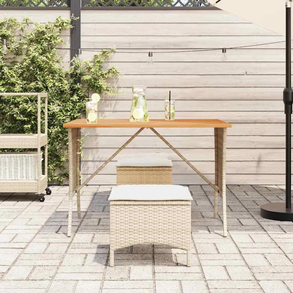 bézs polyrattan akácfa lapos kerti asztal 105x75x72 cm