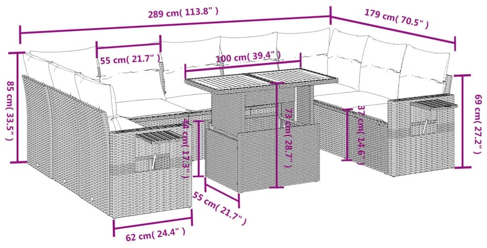 10 részes szürke polyrattan kerti ülőgarnitúra párnákkal