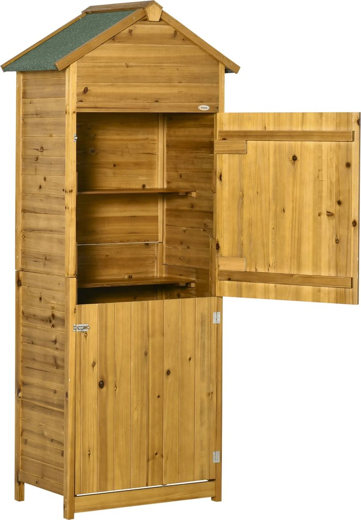 Outsunny Fa Kerti Szekrény, Időjárásálló Szerszámtároló 79x49x191.5cm, Kétajtós Berendezési Ház, Tető, Polcos Szekrény, Szerszámtároló Kerti Szekrény