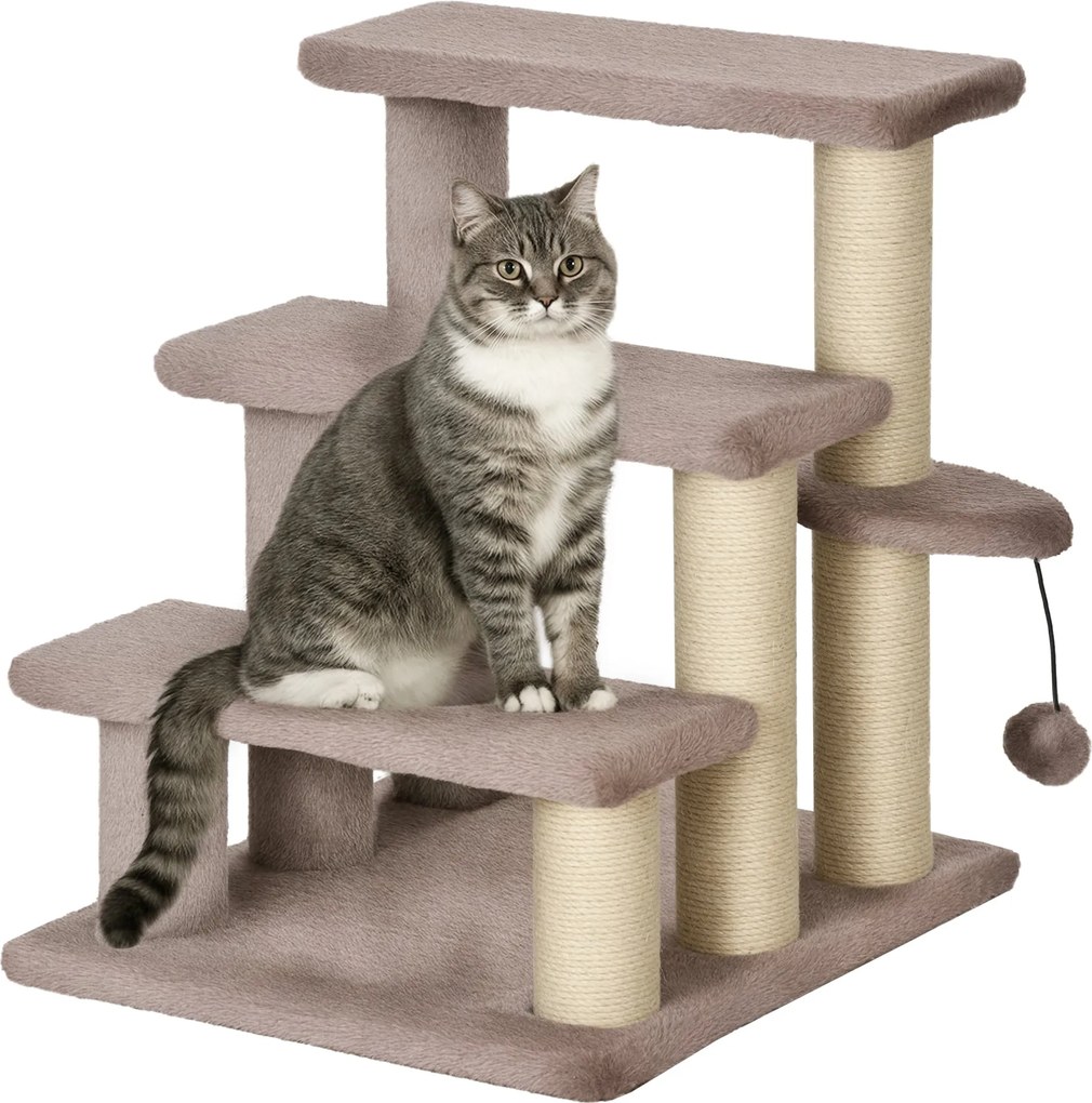 PawHut 3-Lépcsős Macskalépcső Kaparóoszloppal és Játékgolyóval Maximum 5 kg, Plüss Juta Barna 45 x 40 x 48 cm | Aosom