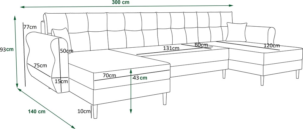 Ágyazható U alakú kanapé SILVIANO 300x140 cm, mustár színű + 2 db díszpárna INGYEN