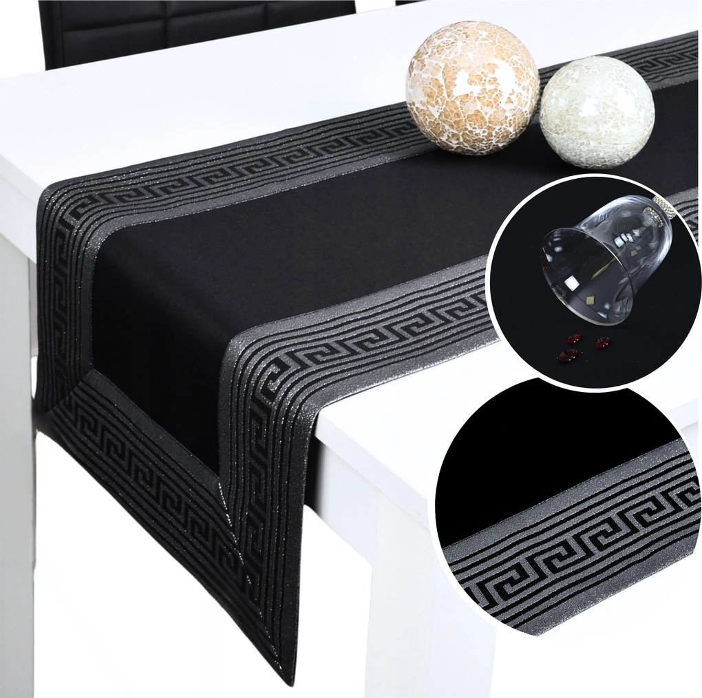 Asztalterítő Rodos Lux 40x220 Fekete Ezüst Csíkos Foltálló