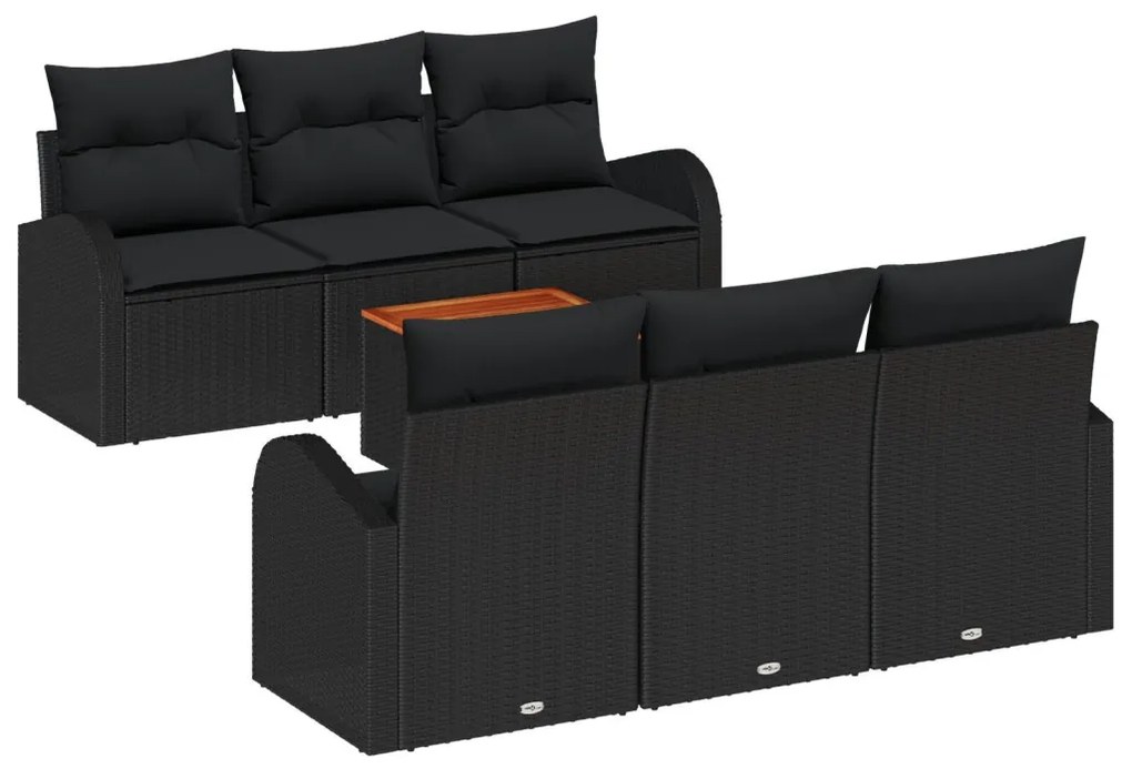 7 darabos Kertheverő szett párnákkal, fekete poli rattan, akáciából, 2 személyes Kertheverő tárolóval és párnákkal, fekete poli rattan