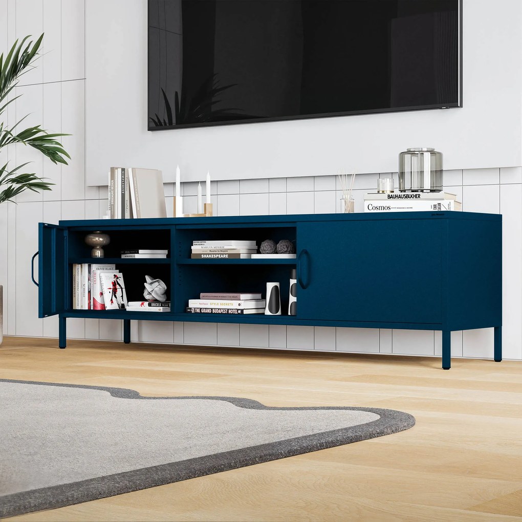 TV-szekrény fém széles XL lábakon sötétkék, 1700x400x500 mm: ROSARIA