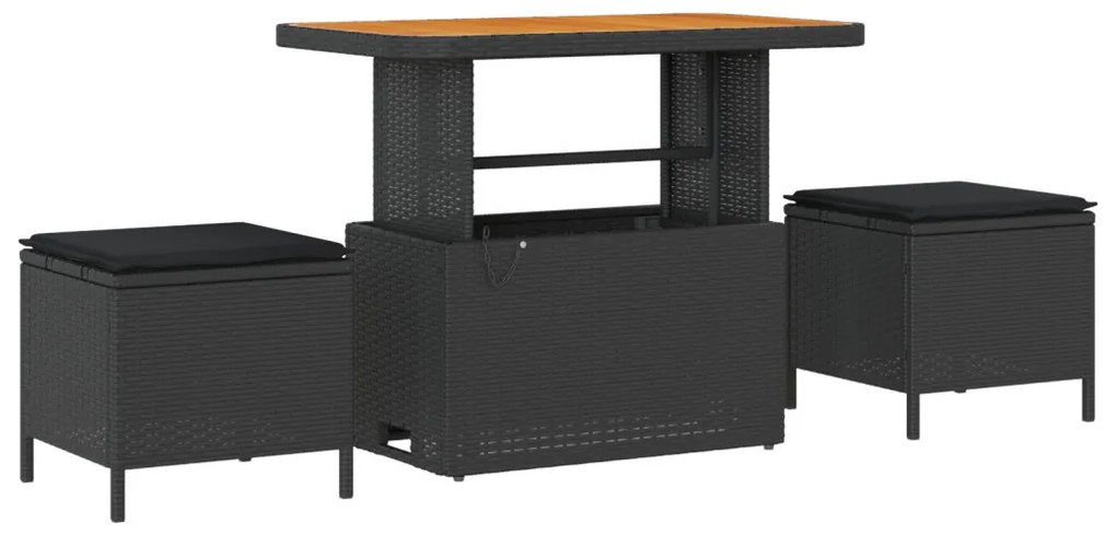 12 darabos kertibútor szett párnákkal fekete poli rattan akác, 3 darabos kertibútor szett párnákkal fekete poli rattan akác