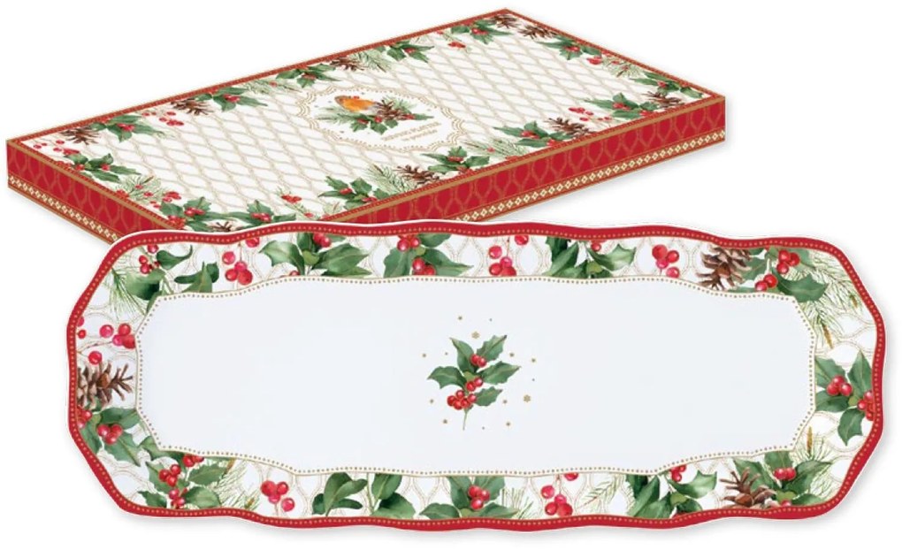 Karácsonyi porcelán hosszúkás kínáló tálca Christmas Berries
