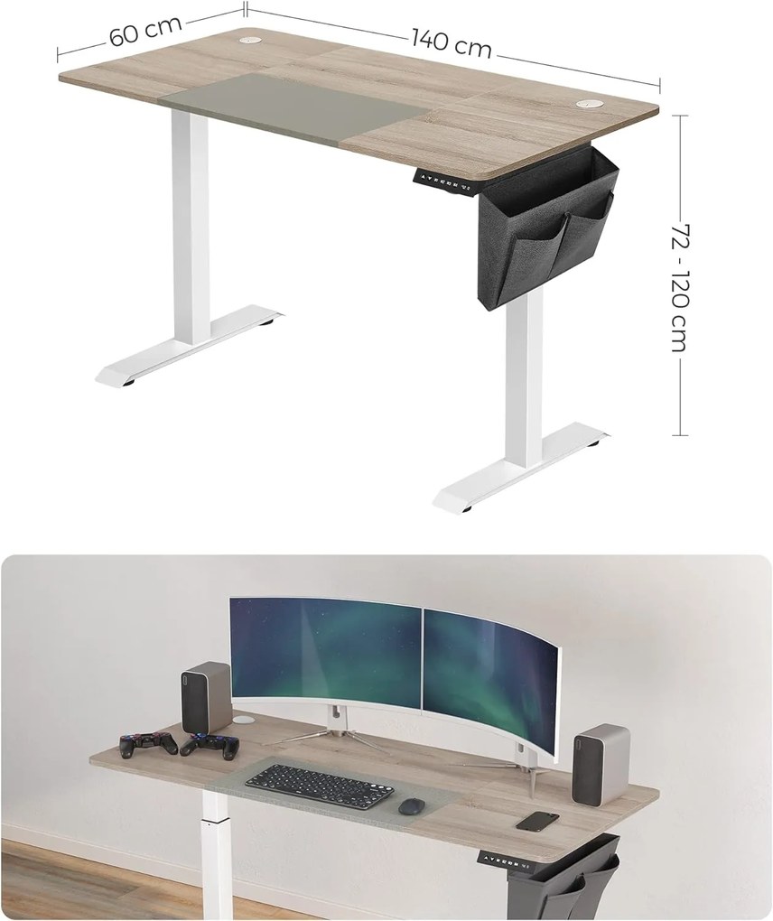 Állítható magasságú elektromos íróasztal memória funkcióval 60x140 cm, fehér-greige