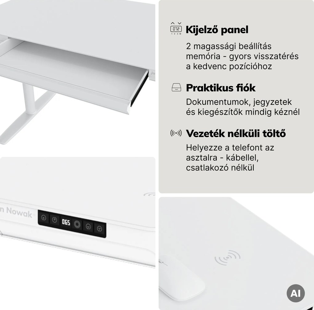 Elektromos ülő-álló íróasztal fiókkal és Qi vezeték nélküli töltővel fehér, 1200 mm: ELLIS