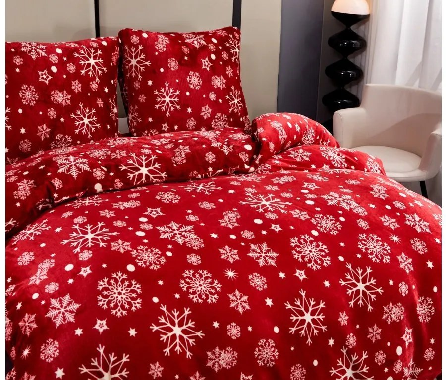 Mikroplüss ágyneműhuzat SNOWFALL piros + mikroplüss lepedő SOFT 90x200 cm fehér, egyszemélyes ágyhoz