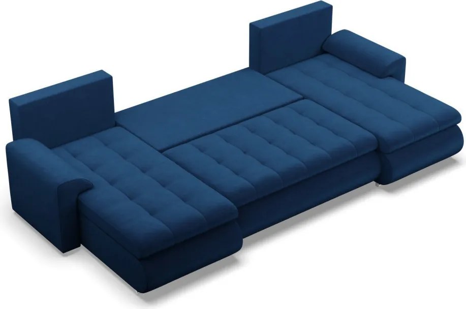 Tokio U alakú sarokkanapé, 3 ágyneműtartóval, bársony, univerzális oldal, kék