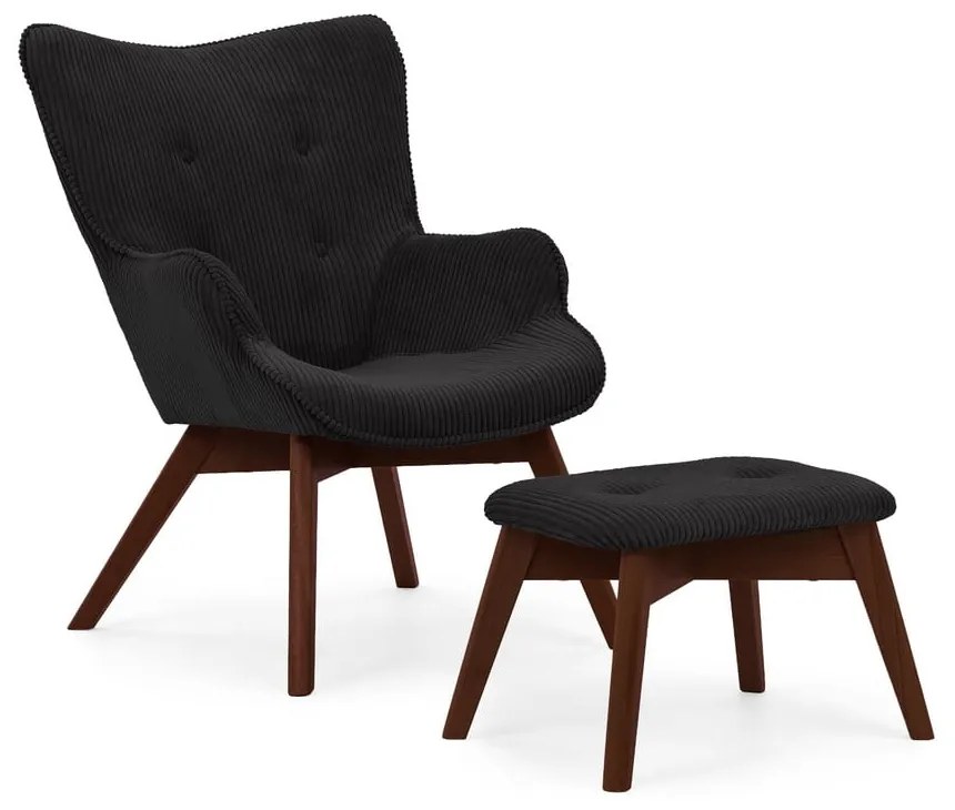Fekete kordbársony fotel lábtartóval Niko – Ropez