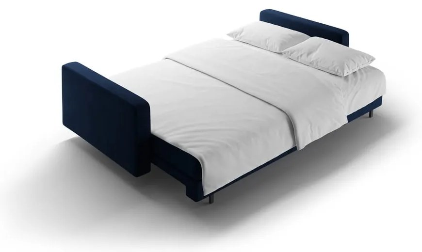 Sötétkék bársony kinyitható tárolóhelyes kanapé 222 cm Bali – Cosmopolitan Design