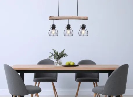 Globo 15326-3N Függeszték fém fekete drótháló búrával, natúr fa betéttel. LxBxH:600x136x2090, exkl. 3xE27 40W 230V