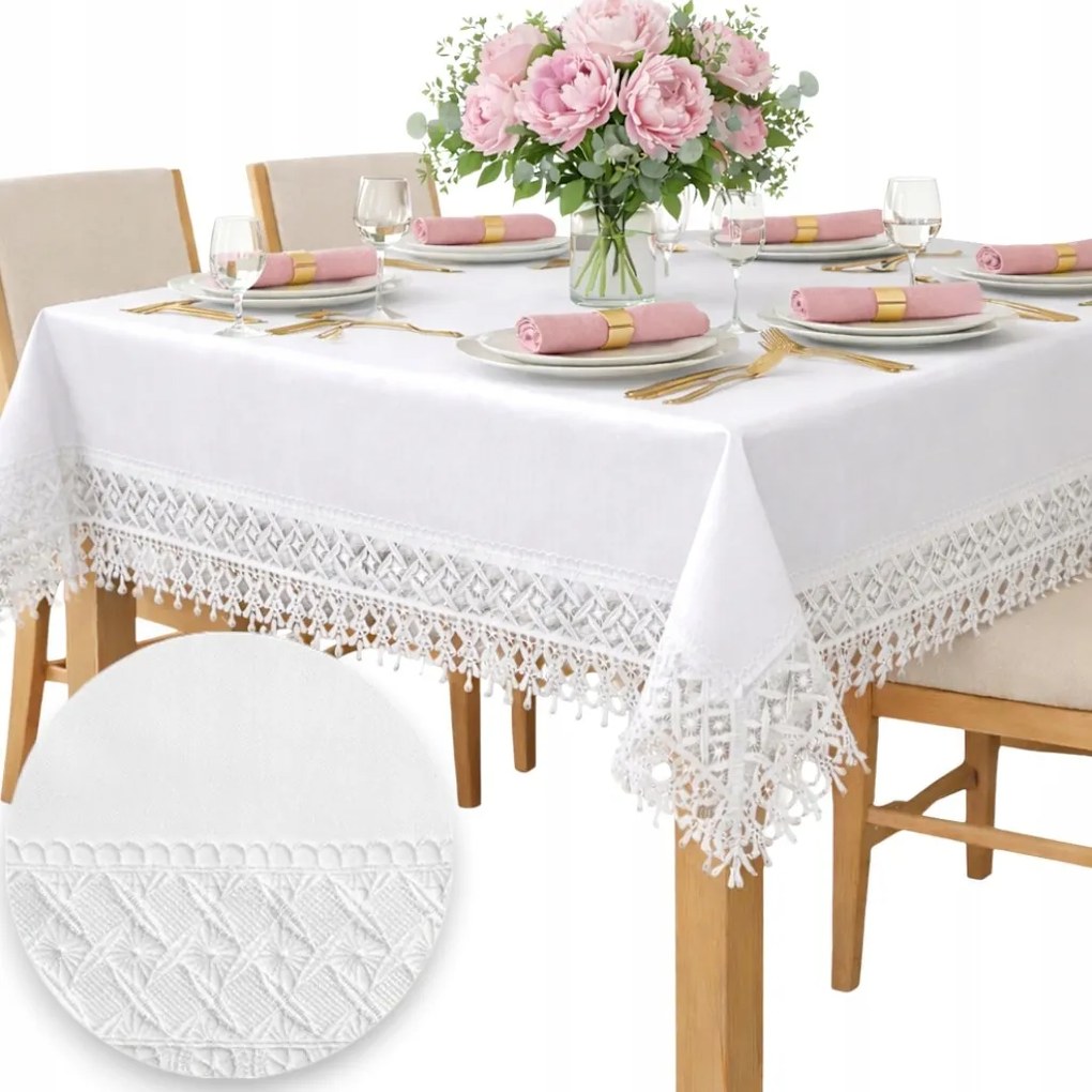 Abrosz sima Fehér klasszikus elegáns csipkével az ünnepekre 140x200 asztalra