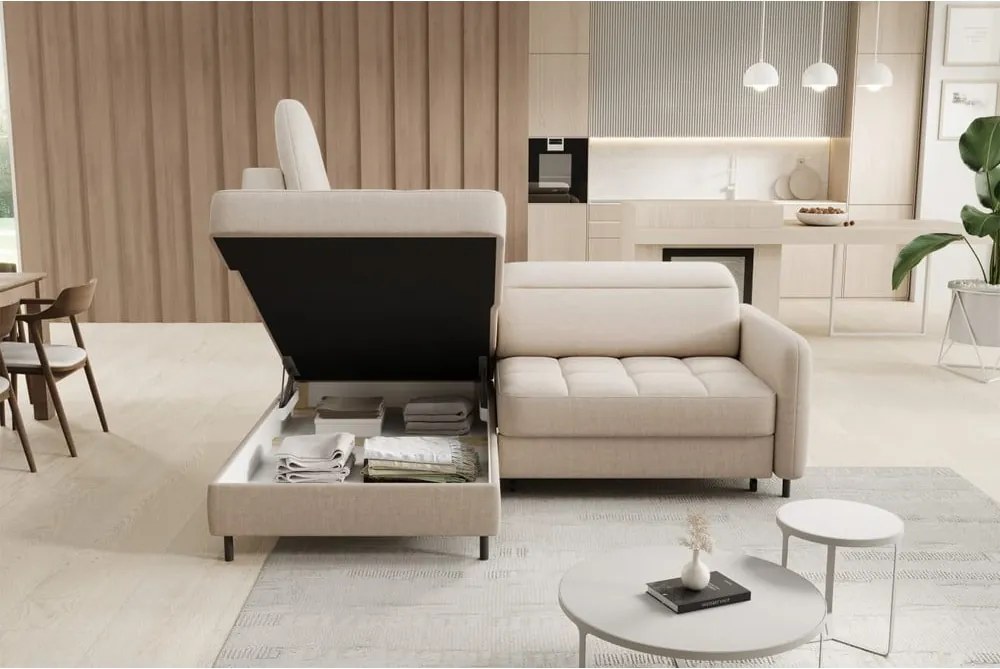 Bézs bársony kinyitható-tárolóhelyes sarokkanapé (bal oldali-L alakú) Barea – ELTAP