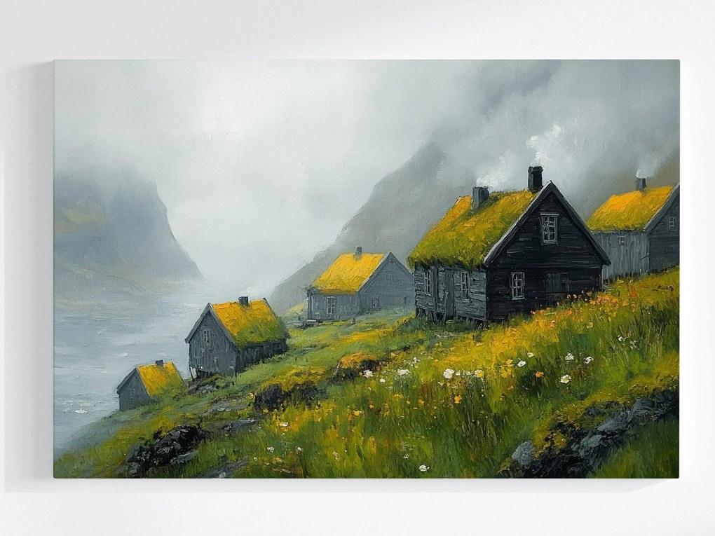 Vászonkép Canvas Tájkép Juhszigetek Hegyek Házak Köd Trekking 120x80