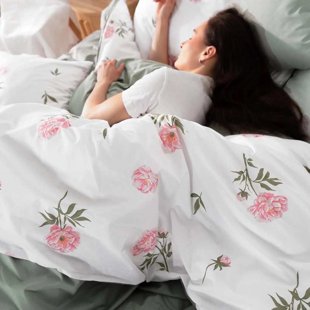 Pamut ágyneműhuzat Duo - Pünkösdi rózsamintás, zsálya színű hátoldal