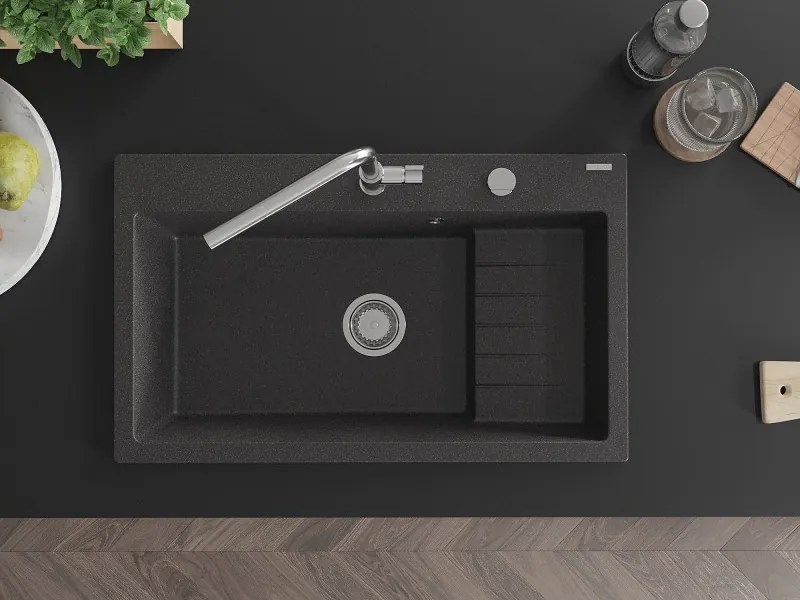 Mexen Omar gránit mosogató 1-medencés 800 x 480 mm, fekete pöttyös, króm szifon - 6520801005-76