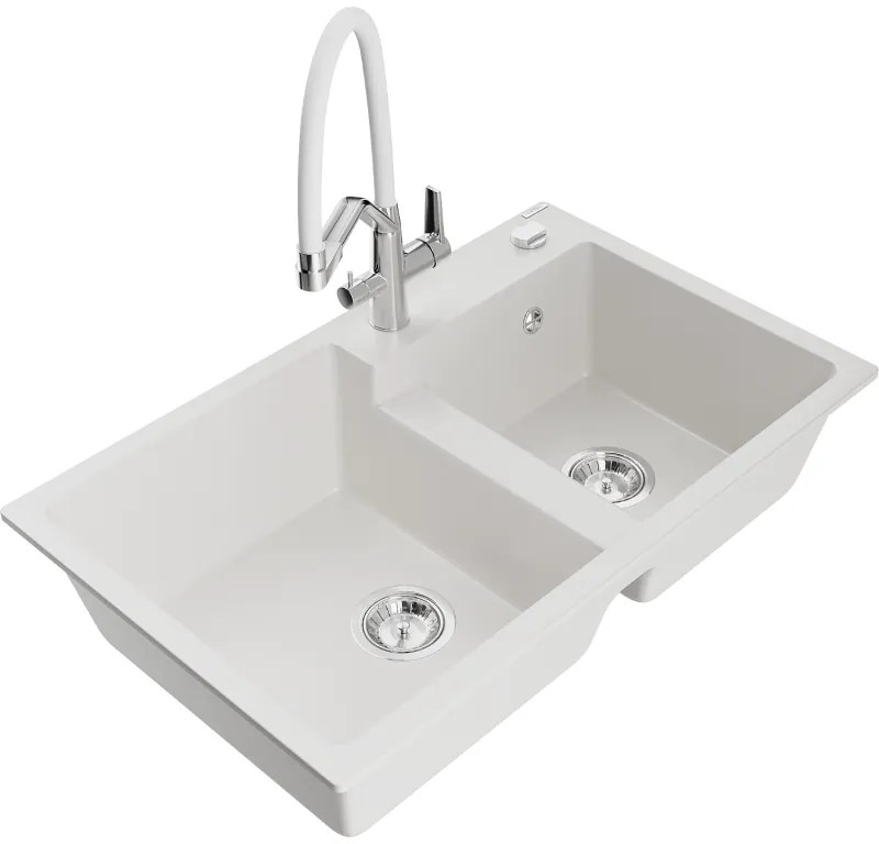 Mexen Tomas kéttálcás gránit mosogató kettős konyhai csapteleppel, fehér - 6516-20-671701-02