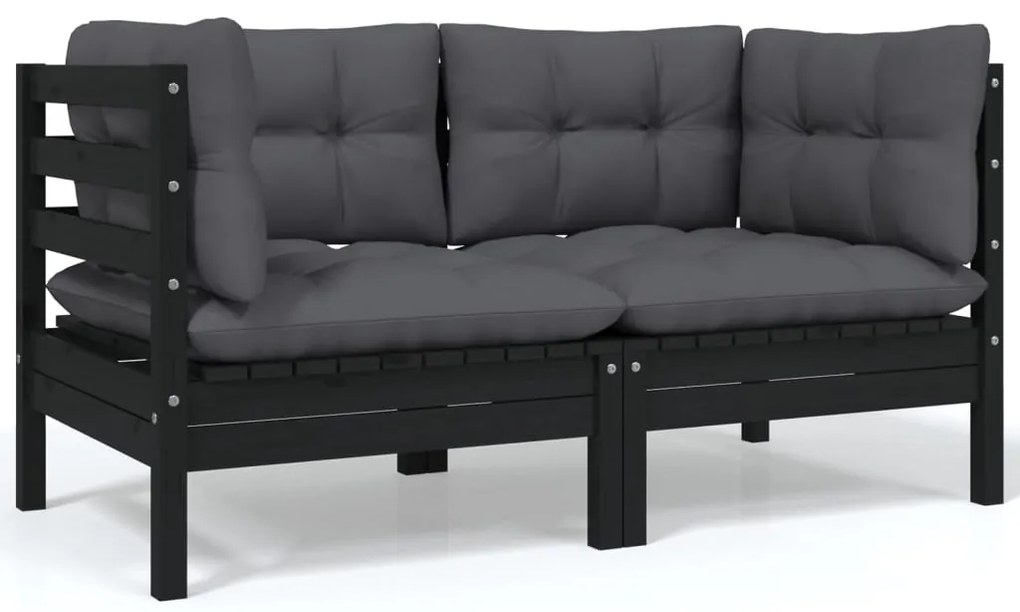 vidaXL kétszemélyes fekete tömör fenyőfa kerti kanapé párnákkal