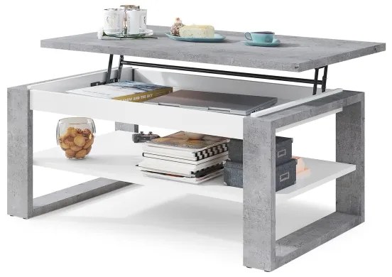 NEA konferenciás asztal emelhető lappal, polccal, szürke beton/fehér