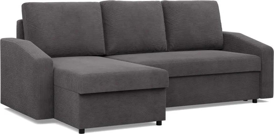 Zeus sarokkanapé, 2 ágyneműtartóval, döntött kartámasz, kordbársony, univerzális oldal, bonell töltet, szürke