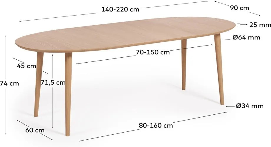Natúr színű bővíthető étkezőasztal tölgyfa dekorral 90x140 cm Oqui – Kave Home