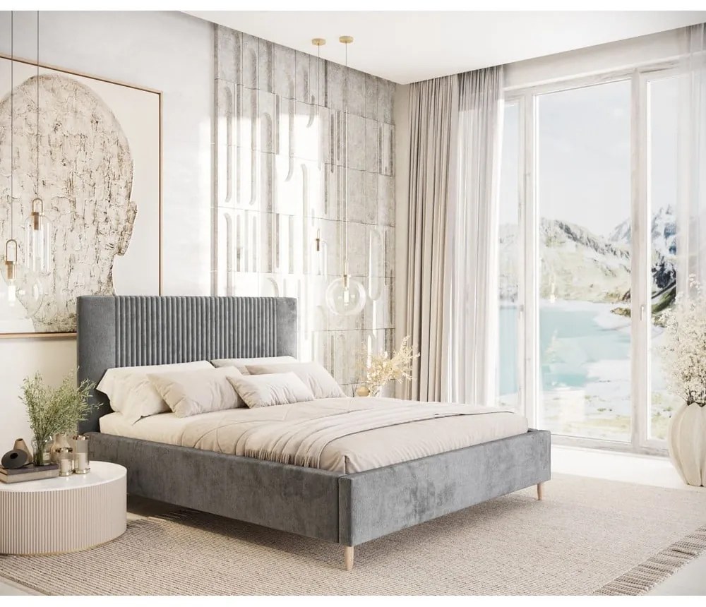 Szürke kárpitozott ágyneműtartós franciaágy ágyráccsal 160x200 cm Etero – Maison de Rêve