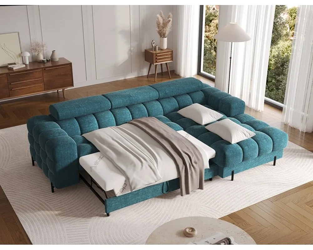 Kék buklé kinyitható-tárolóhelyes sarokkanapé (jobb oldali-heverő résszel) Felro – ELTAP