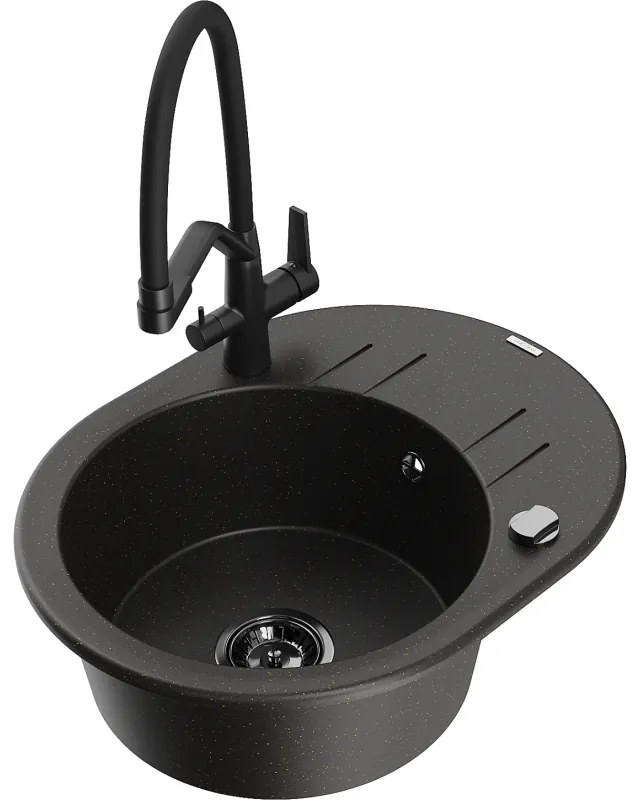 Mexen Kevin egymedencés gránit mosogató Duo konyhai csapteleppel, fekete/arany metál - 6517-75-671701-70-B