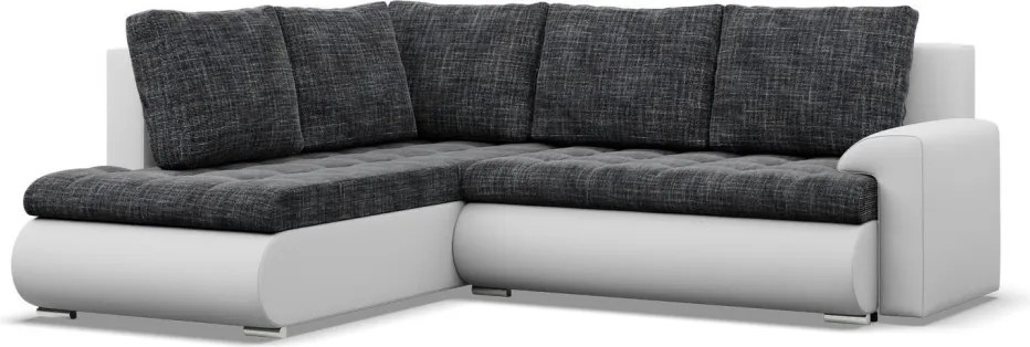 Tokio sarokkanapé, L alakú háttámlával, 2 ágyneműtartóval, fonott + műbőr, baloldali, sötétszürke - fehér
