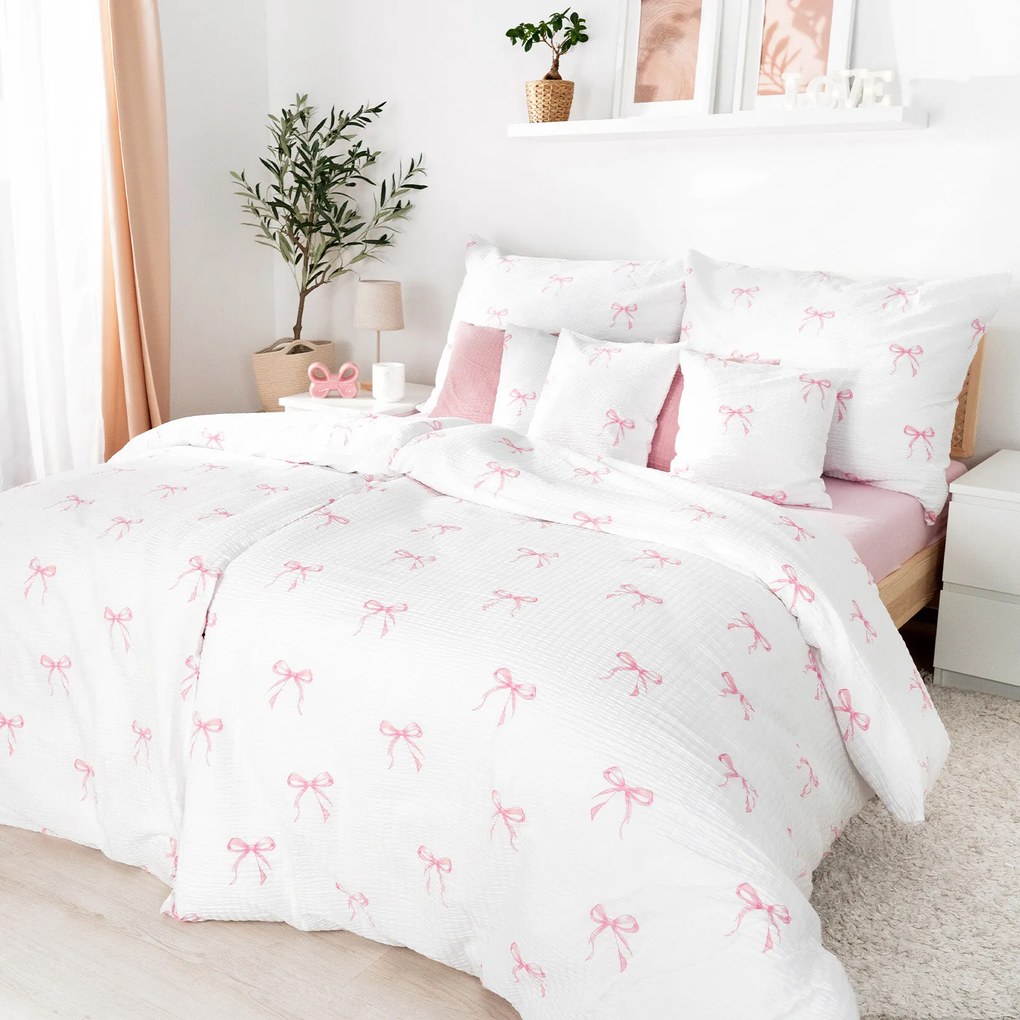 Goldea krepp ágyneműhuzat - rózsaszín masnik 140 x 220 és 70 x 90 cm