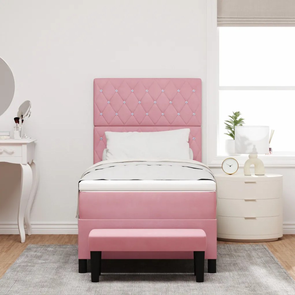 Box Spring Ágy Matraccal és Paddal Rózsaszín 90x190 cm Bársony