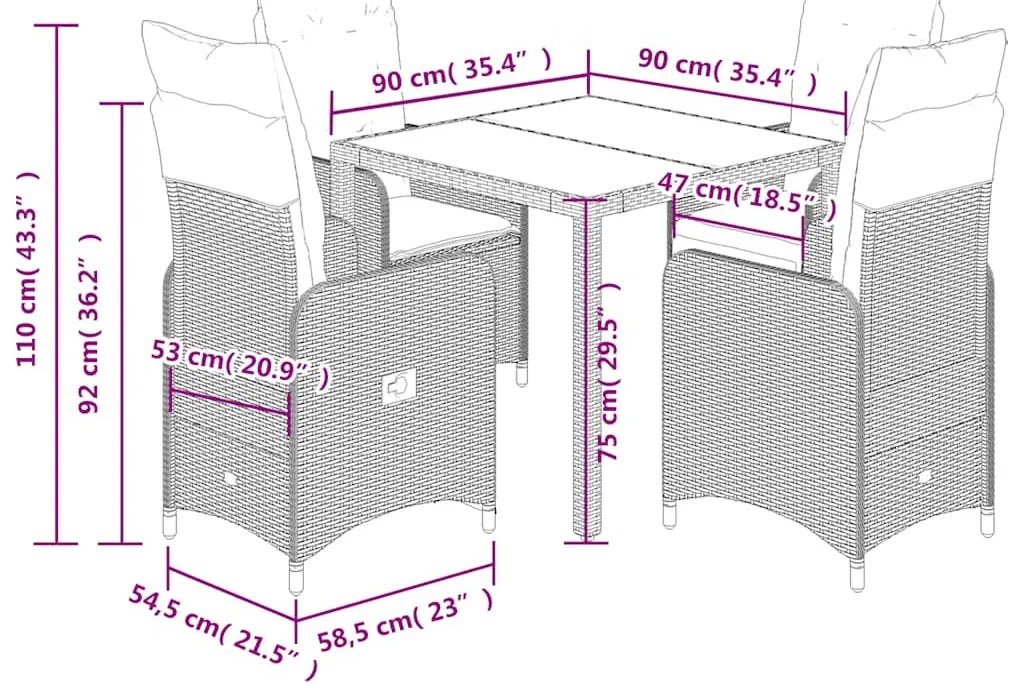 vidaXL 5 részes barna polyrattan kerti bisztrógarnitúra párnákkal