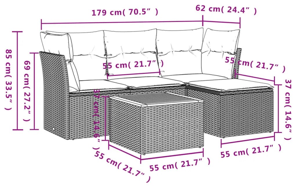 5 részes szürke polyrattan kerti ülőgarnitúra párnákkal