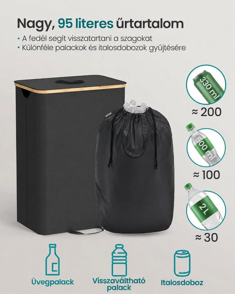 Palackgyűjtő visszaváltható palackokhoz, 95 L, kivehető zsákkal, fekete-bézs