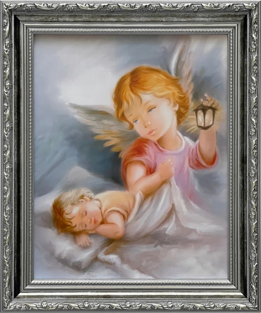 Vászonkép 31x26 Őrangyal Angyal Ezüst Díszített Keresztelő Ajándék Keret