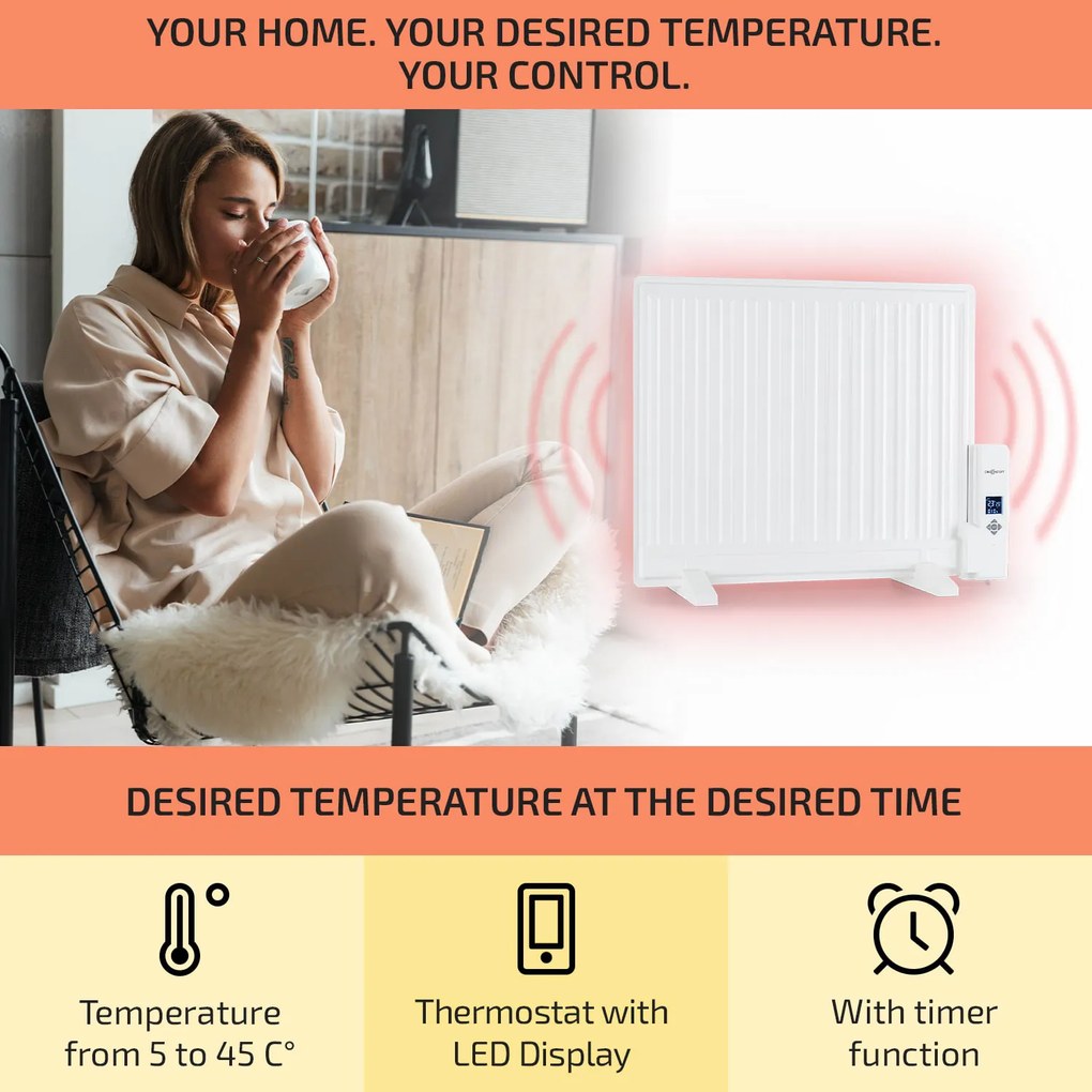 OneConcept Wallander, olajradiátor, 600 W, termosztát, olajfűtés, lapos design, fehér