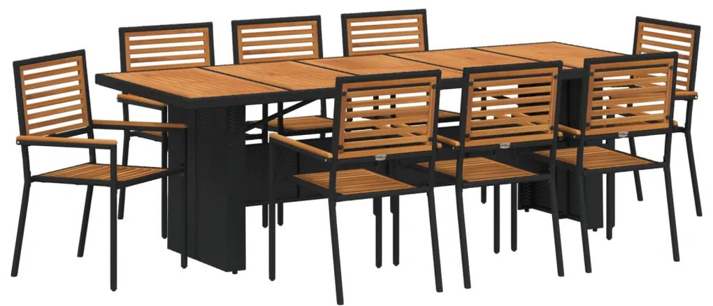 9 darabos kerti étkezőszett fekete poly rattan akáciából