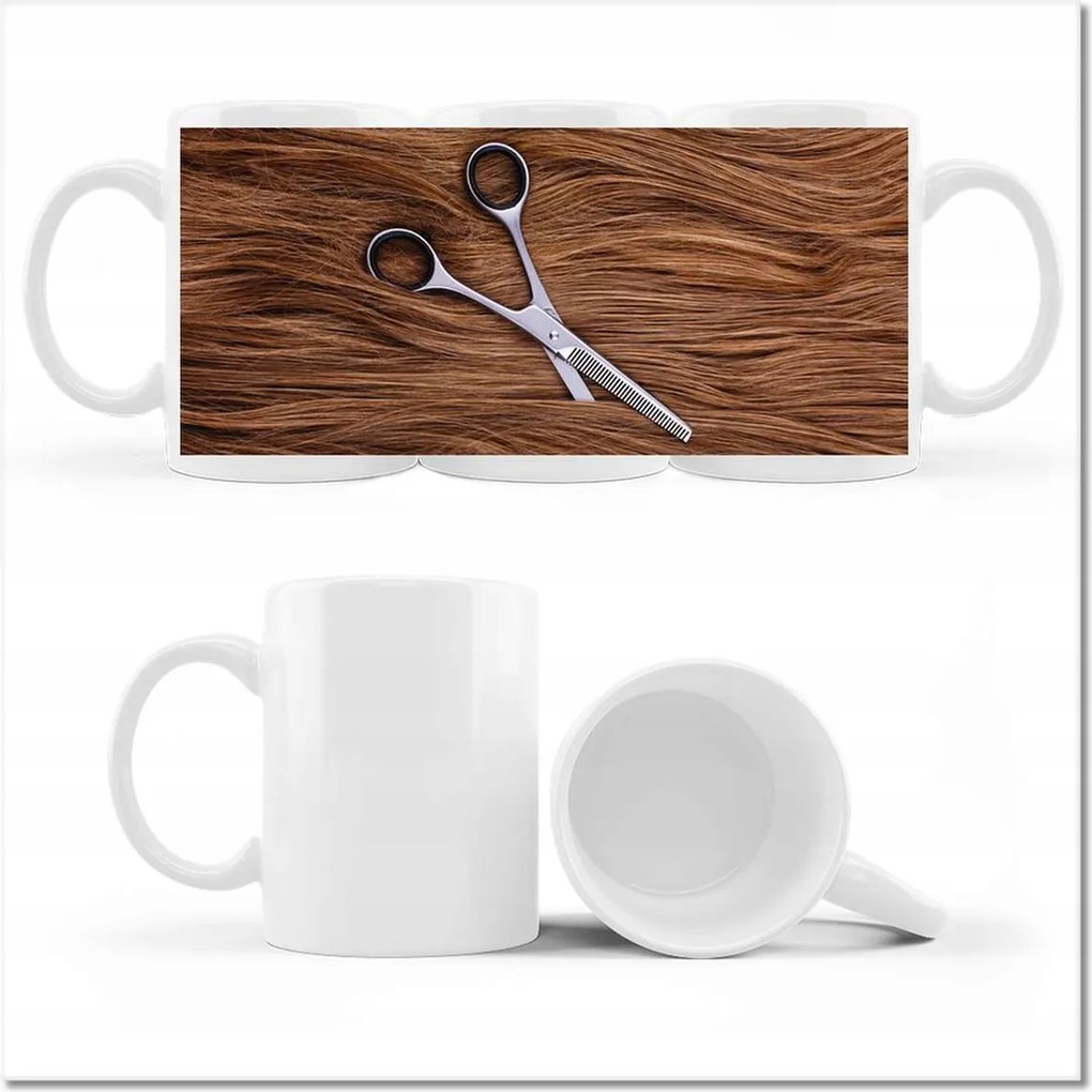 Bögre fényképpel Olló a haj között