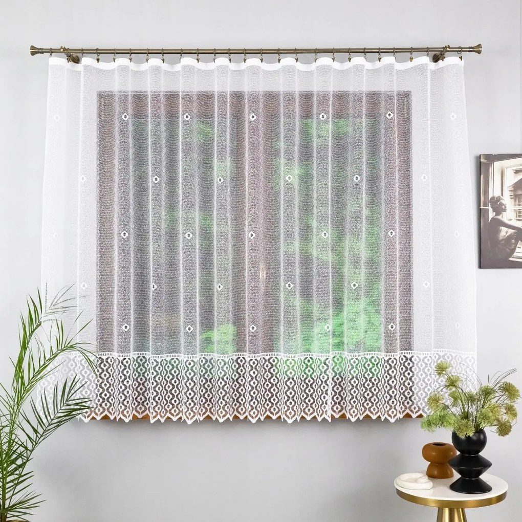 Fehér Függöny Dekoratív Csíkkal Az Alján, Kész Szalaggal 300X150