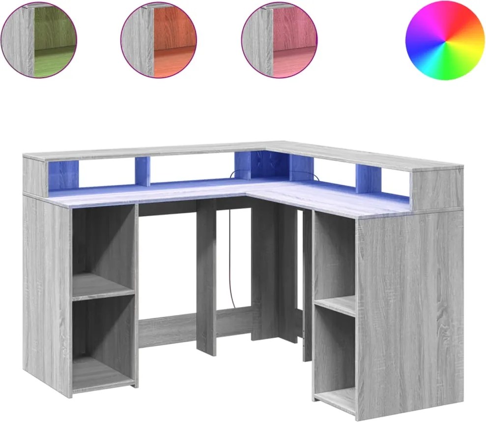 vidaXL szürke sonoma színű szerelt fa LED-es íróasztal 130x130x91 cm