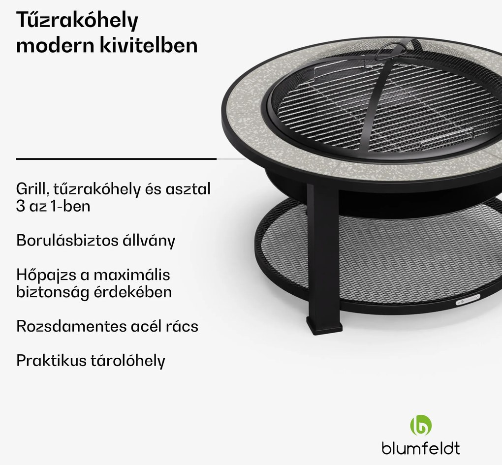Blumfeldt Merano Circolo 3 az 1-ben, tűzrakóhely grill funkcióval, használható asztalként, 87 cm-es átmérő
